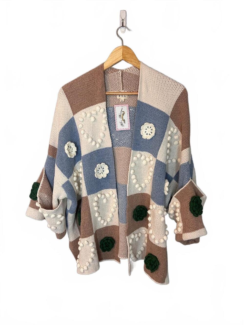 POL Patchwork Crochet Flower Heart Oversized Cardigan Sweater Size L - Picture 2 of 8